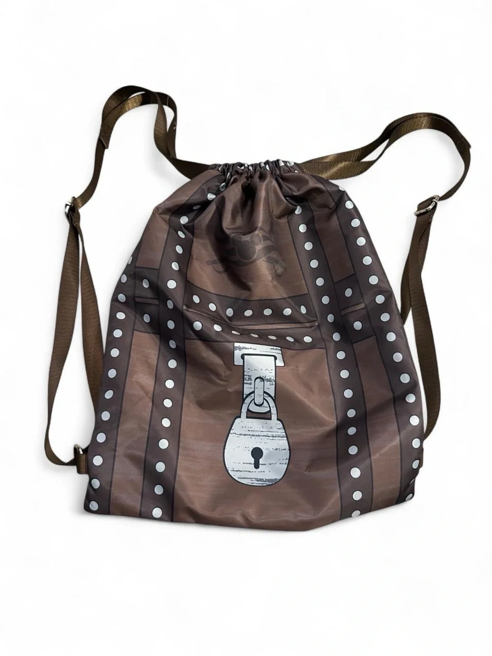 Brown Drawstring Backpack with Lock Graphic
